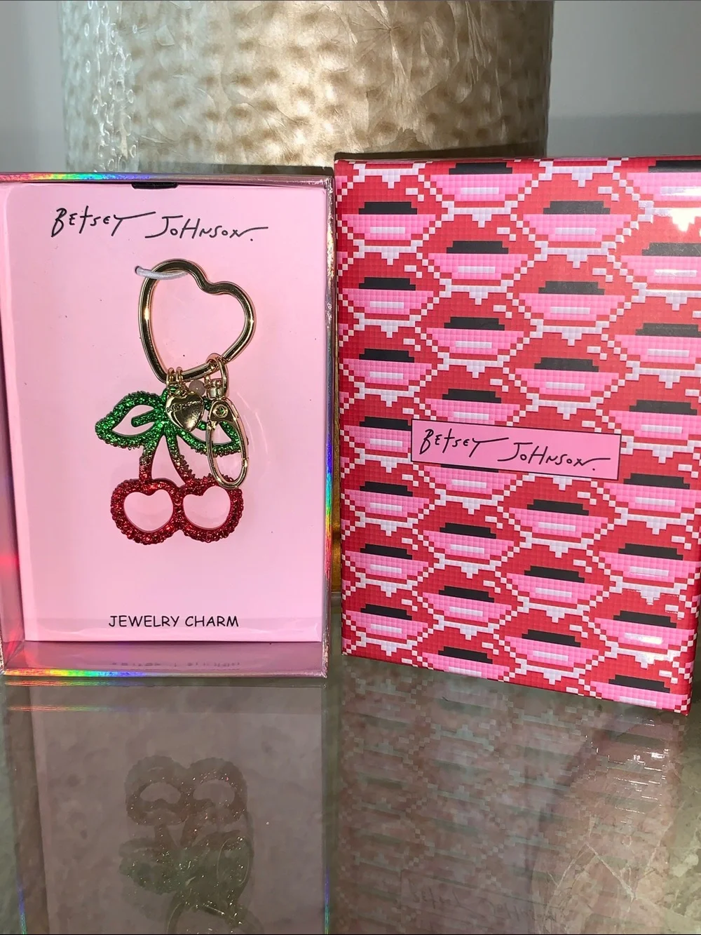 Betsey Johnson Red Ombre Open Frame Cherry Bag Charm Key Ring